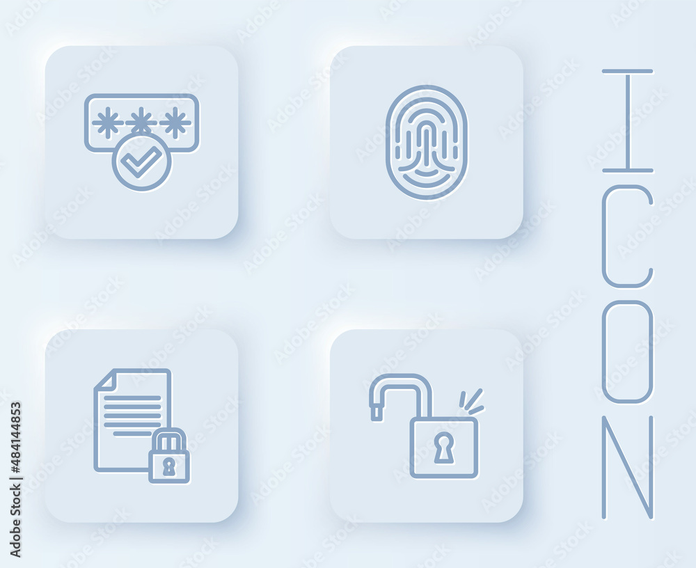 Set line Password protection, Fingerprint, Document and lock and Open padlock. White square button. Vector Set line Password protection, Fingerprint, Document and lock and Open padlock. White square button. Vector
