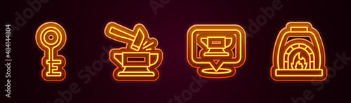 Set line Old key, Anvil and hammer, Blacksmith anvil tool and oven. Glowing neon icon. Vector