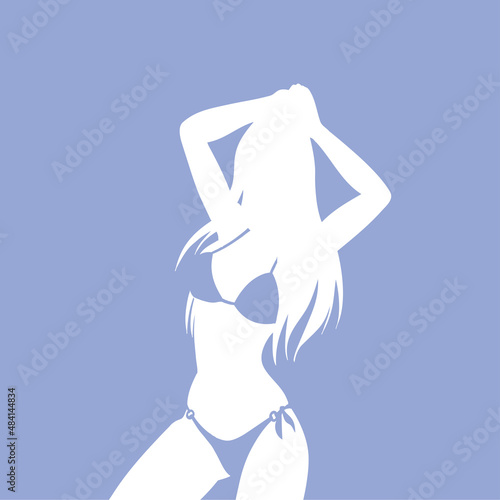 Traje de baño. Moda de verano. Icono plano con silueta de mujer con bikini en espacio negativo en fondo morado