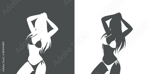 Traje de baño. Moda de verano. Icono plano con silueta de mujer con bikini en espacio negativo en fondo gris y fondo blanco