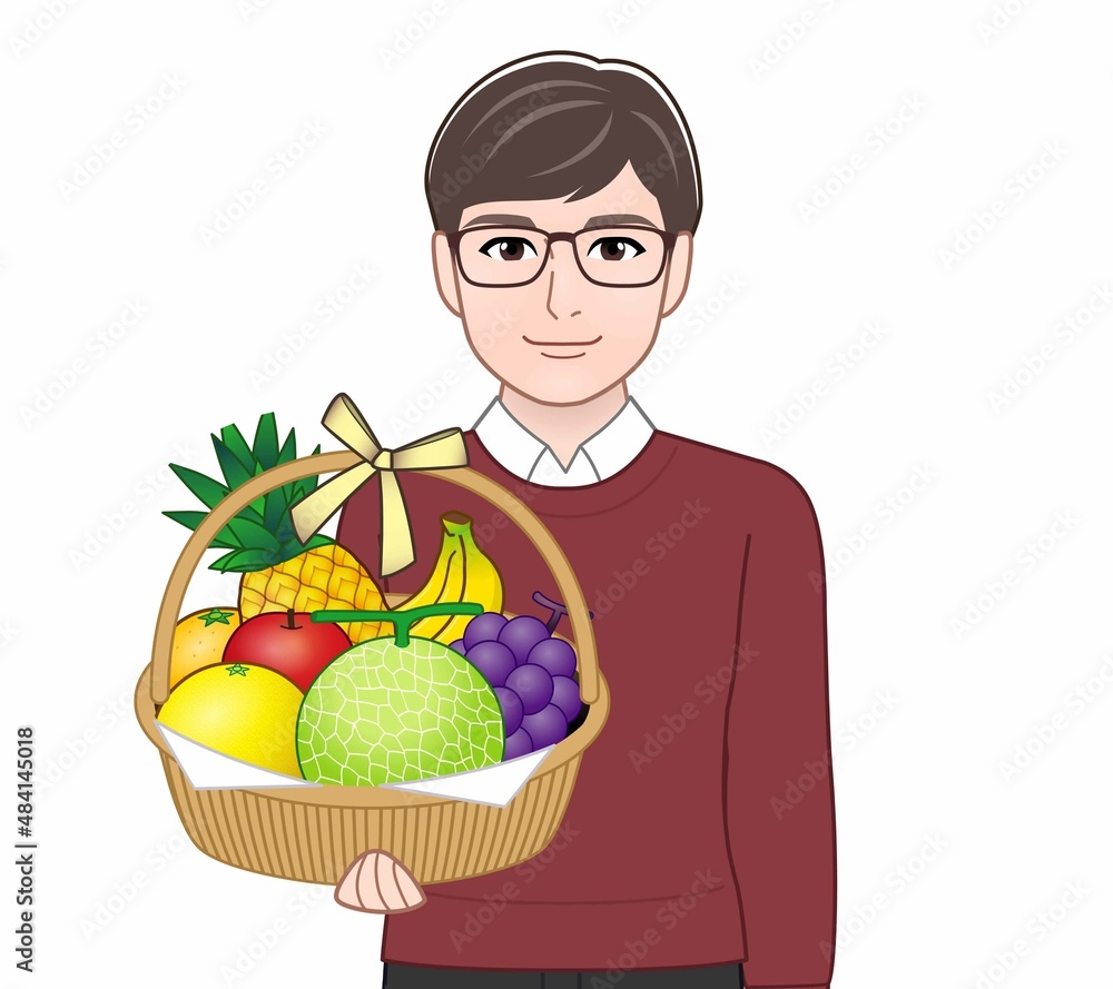フルーツの籠盛りをもつ男性