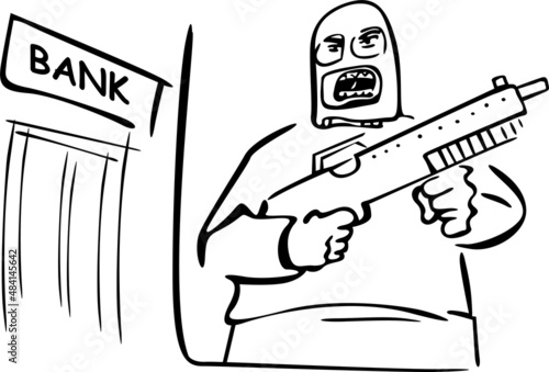 The thief in the balaclava is guarding the bank's door, waiting for the rest of the gang

