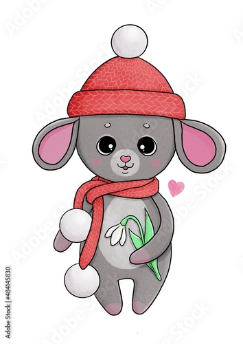 Little mouse in red hat and scarf with flowers
