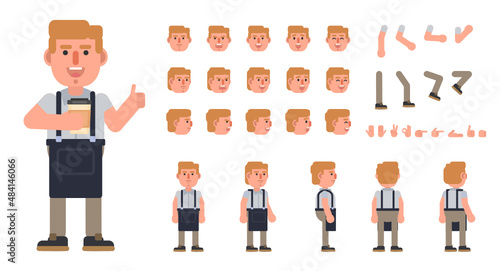 Barman, barista or waiter creation kit. Create your own pose, action, animation. Modern vector illustration