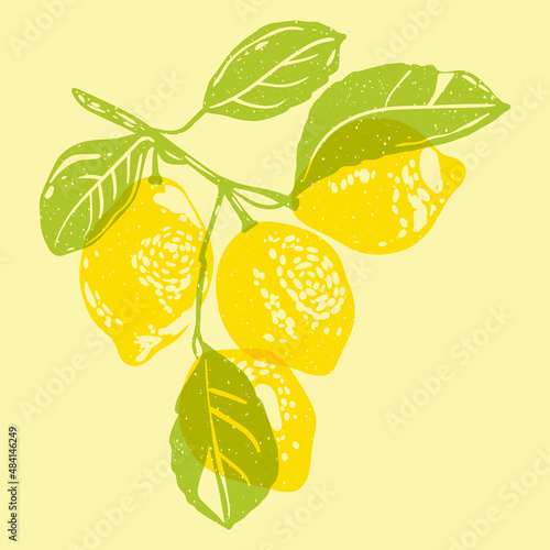 Lemon. Colorful cute screen printing effect. Riso print effect. Vector illustration. Graphic element  for fabric, textile, clothing, wrapping paper, wallpaper, poster. 