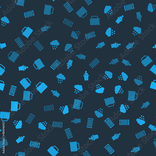 Set Mobile Apps, Cloud with rain, Speaker and Coffee cup on seamless pattern. Vector