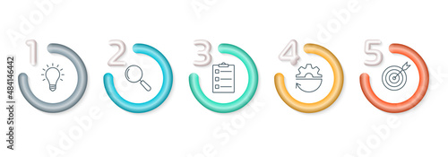 5 step info graphic. Chart, diagram, timeline infographic design with 3d numbers and circles. Business process template with outline icons. Vector illustration.