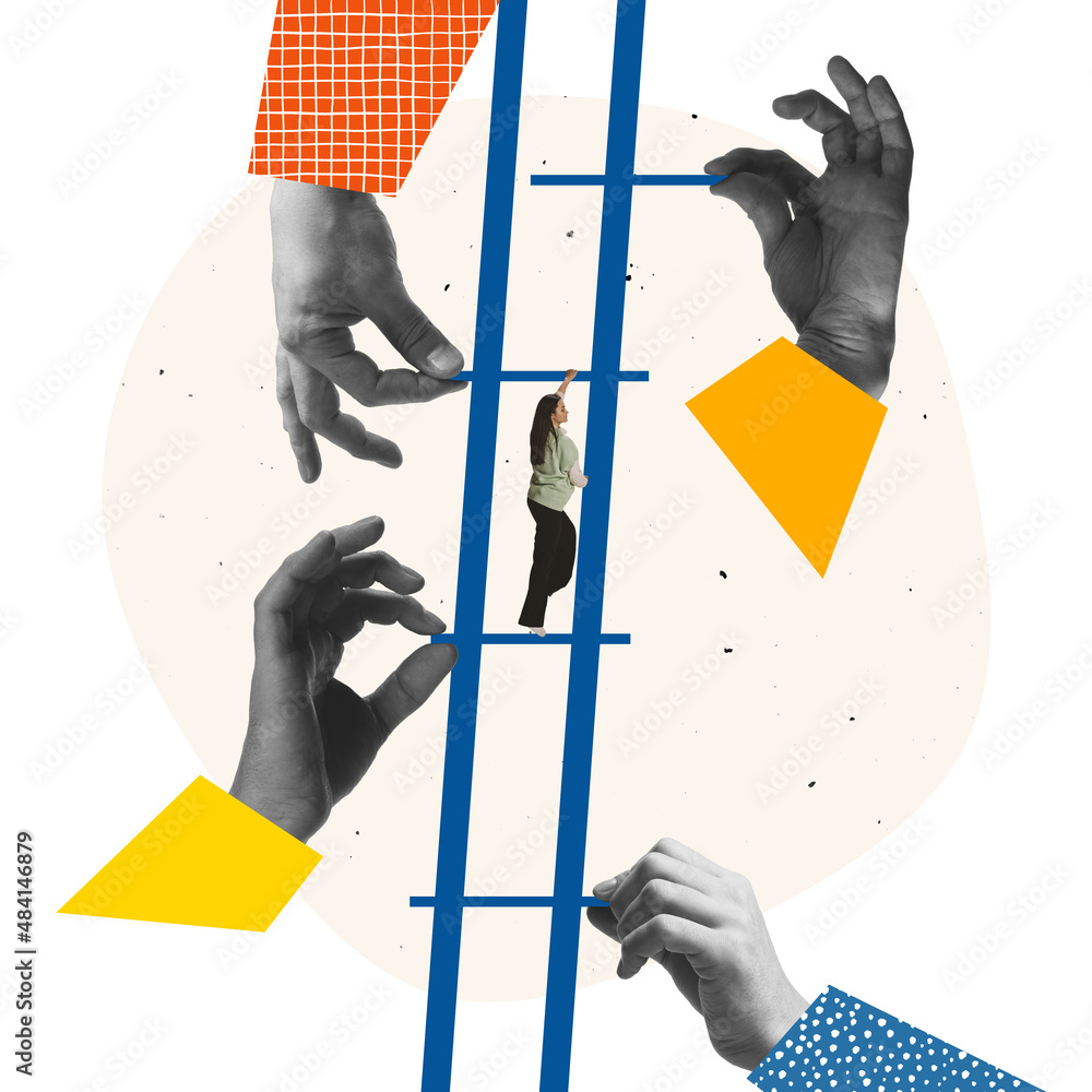 Contemporary art collage. Young people, students climbing up the
