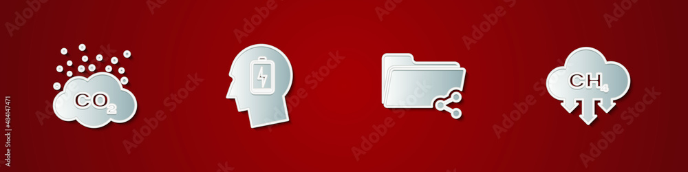 Set CO2 emissions in cloud, Head with low battery, Share folder and Methane reduction icon. Vector Set CO2 emissions in cloud, Head with low battery, Share folder and Methane reduction icon. Vector