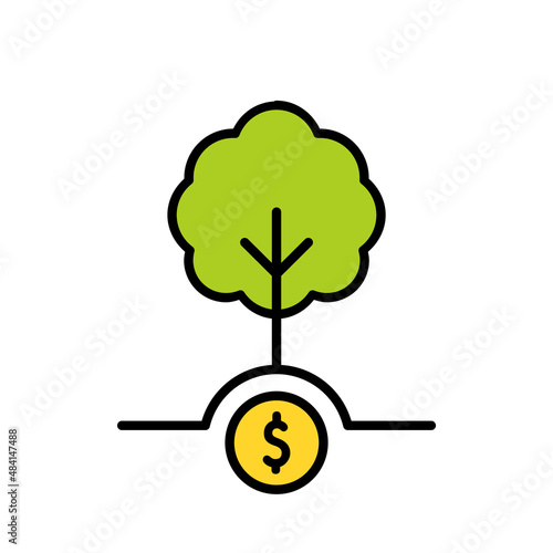 Carbon credit concept icon. Tree with a dollar coin. Carbon offset idea. Reduction of greenhouse gases emission. One credit permits the emission of one ton of CO2. Vector illustration, flat, clip art