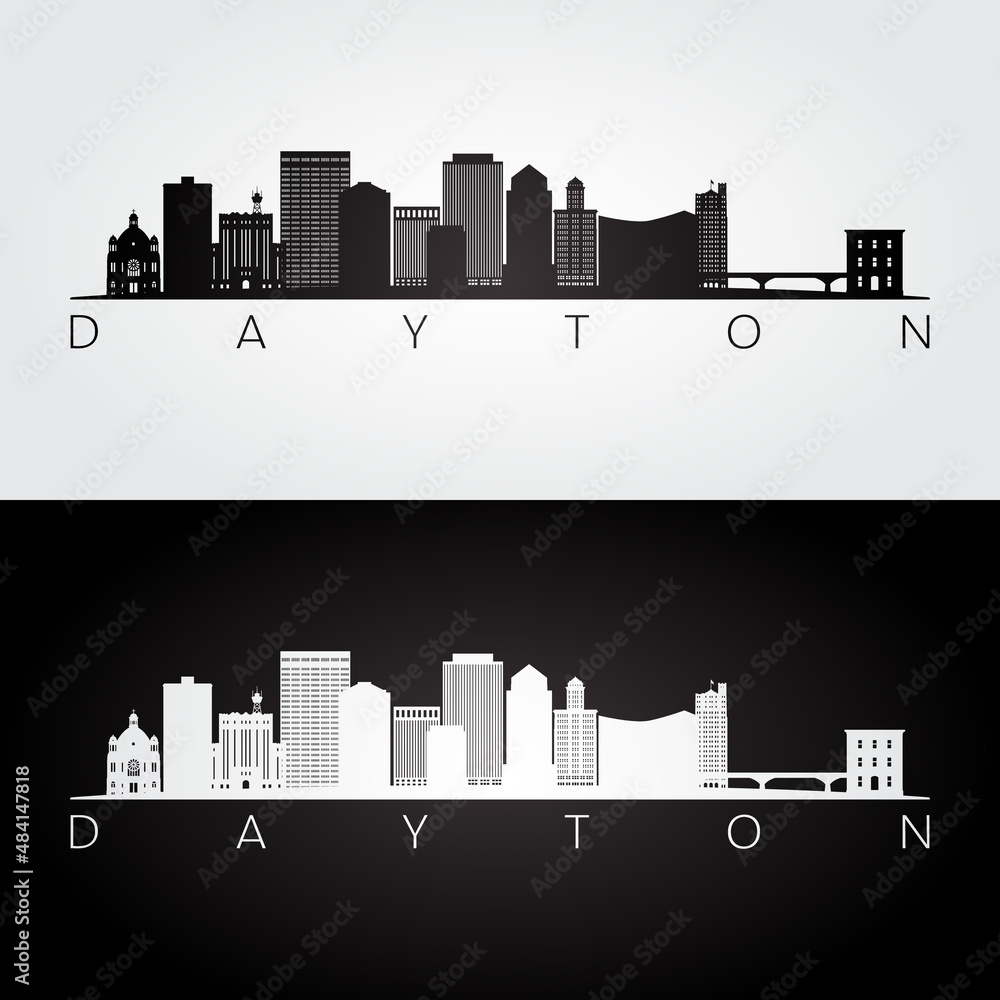 Dayton, OH skyline and landmarks silhouette, black and white design, vector illustration. - obrazy, fototapety, plakaty 
