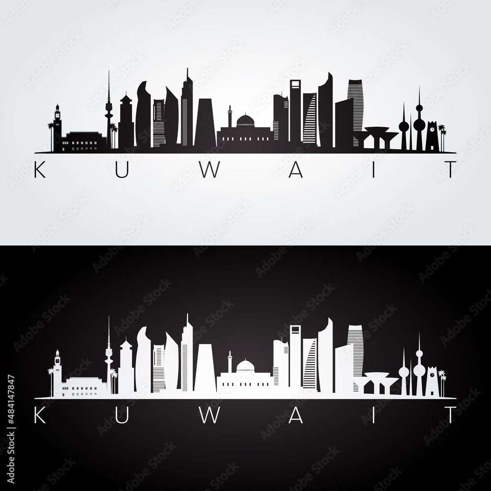 Kuwait skyline and landmarks silhouette, black and white design, vector illustration.
