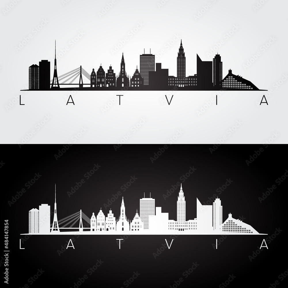 Latvia skyline and landmarks silhouette, black and white design, vector illustration.