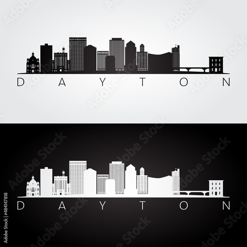 Dayton, OH skyline and landmarks silhouette, black and white design, vector illustration. photo