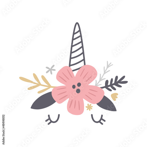 vector image of unicorn face and flowers