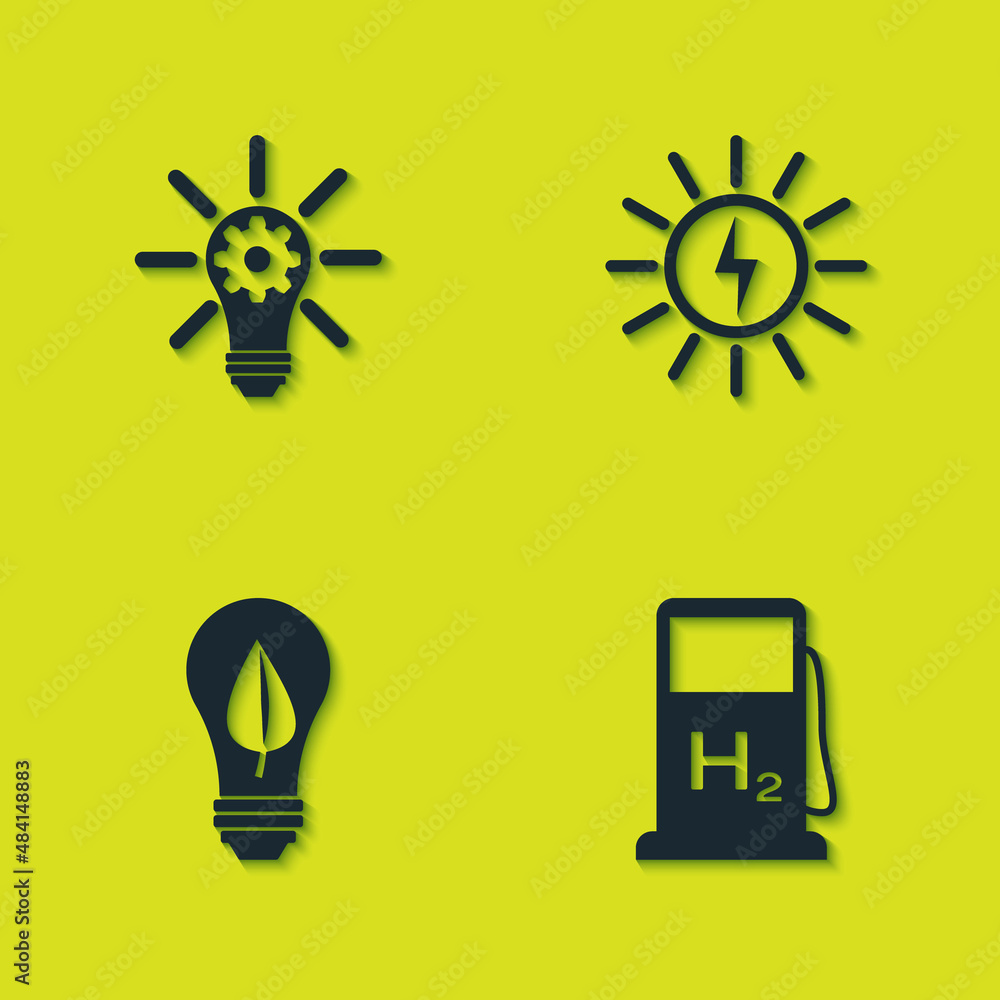 Set Light bulb with gear, Hydrogen filling station, leaf and Solar energy panel icon. Vector