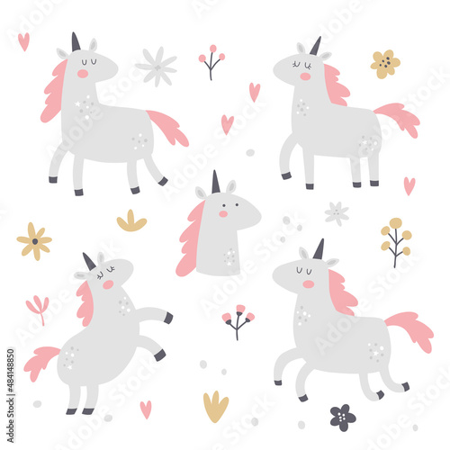 vector set of cute unicorns and elements