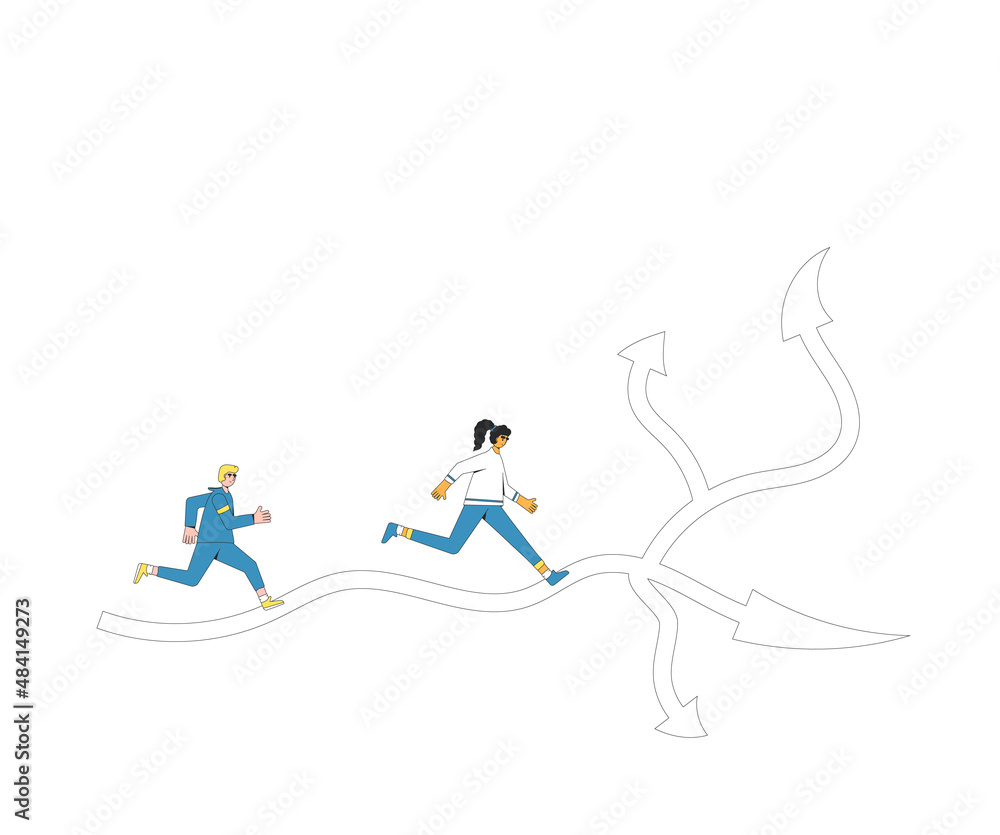 People running at crossroads. Decision. Choose the right way. People running at crossroads. Decision. Choose the right way.