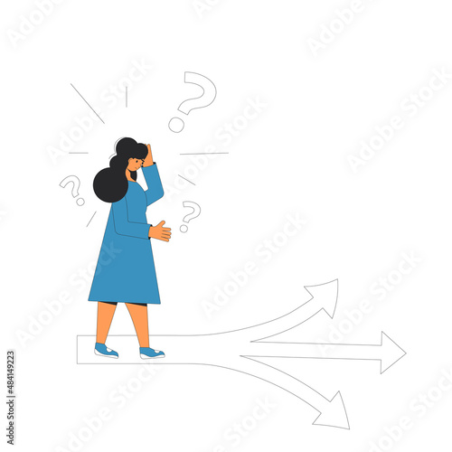 Young woman standing at crossroads. Career plan. Decision.