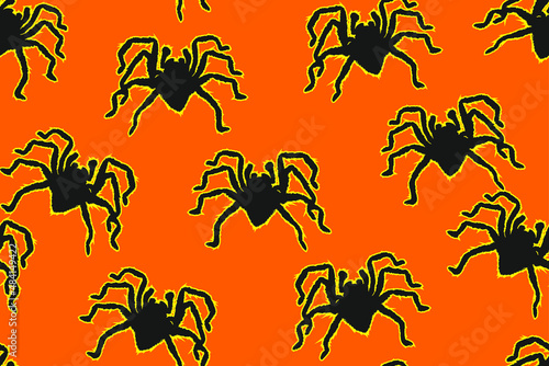 Vector seamless pattern of black tarantula spiders on orange background.