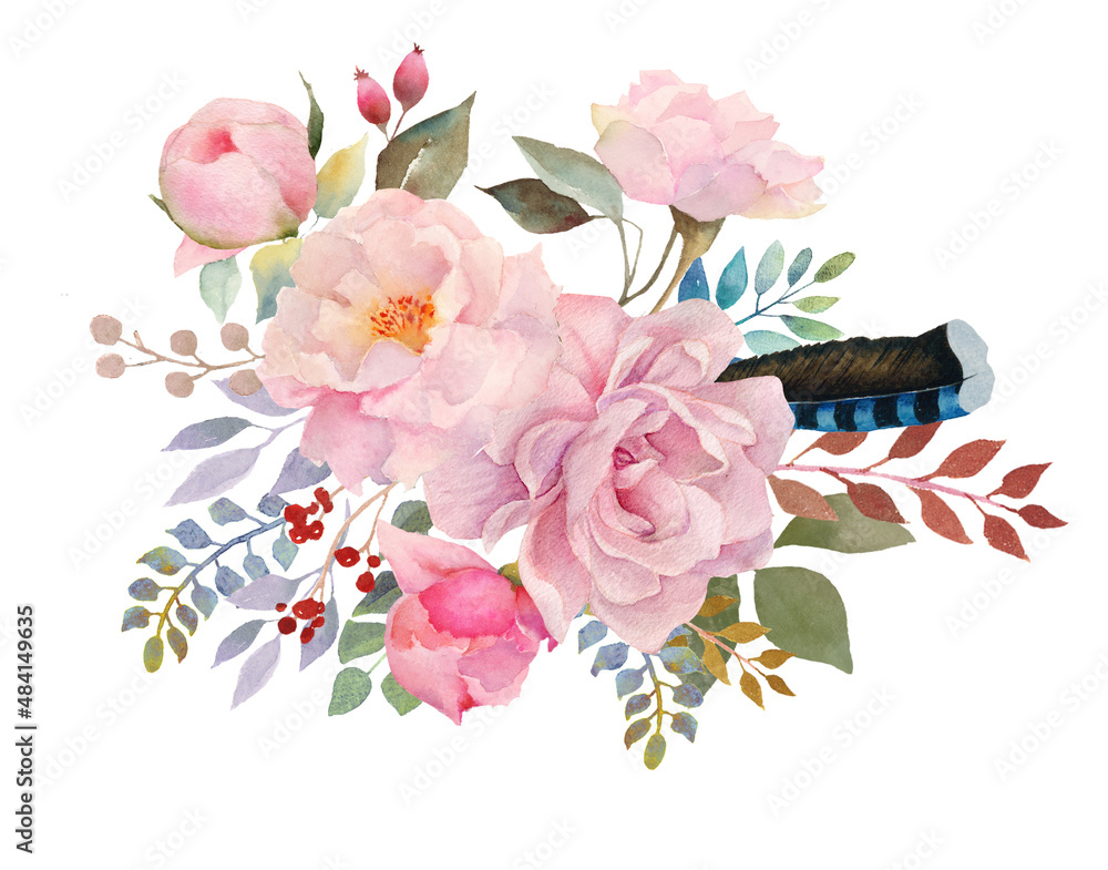 Floral bouquet, retro peonies, watercolor hand painted, clipping path included for fast isolation. Raster illustration
