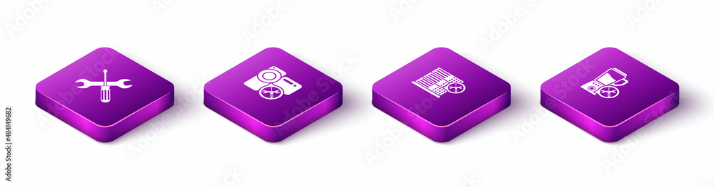 Set Isometric Crossed screwdriver and wrench, Video camera service, Database server and Blender icon. Vector Set Isometric Crossed screwdriver and wrench, Video camera service, Database server and Blender icon. Vector