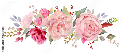 Floral bouquet  retro peonies  watercolor hand painted  clipping path included for fast isolation. Raster illustration