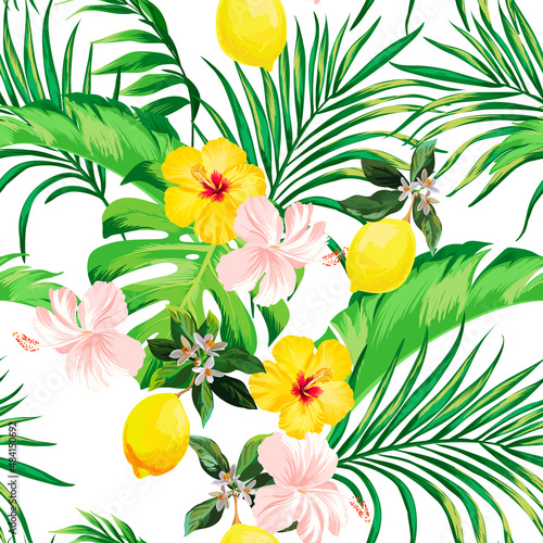 Tropical vector seamless background. Jungle pattern with exotic flowers, and palm leaves. Stock vwallpaperector. Jungle vector vintage 