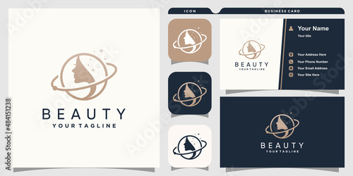 Woman beauty logo with globe concept Premium Vector