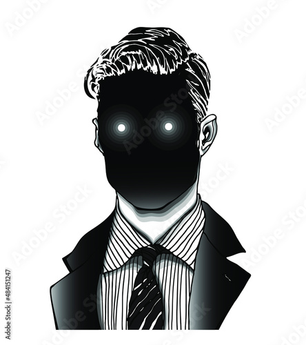 Hand drawn portrait of a strange handsome man with dark scary face with shining eyes. Head concept in modern and surreal tattoo art. Isolated vector illustration.