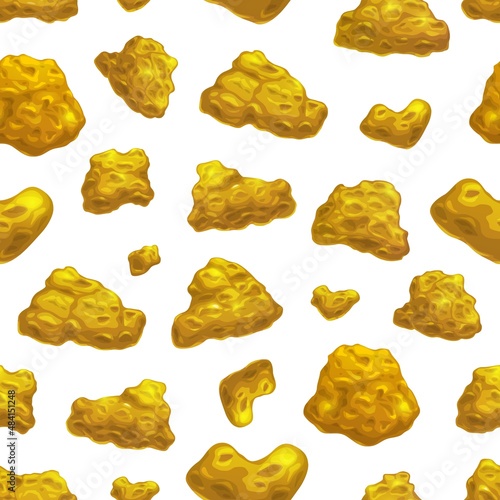 Cartoon golden nuggets seamless pattern. Precious metal, chunks of raw gold vector background, wrapping paper. Wallpaper or fabric print with golden metal nuggets
