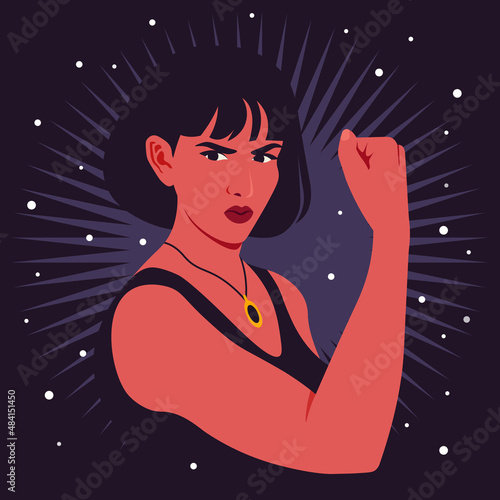 Portrait of an angry Hispanic woman in half-turn showing her arm and muscles. Gesture. Women’s rights and diversity. Avatar for social media. Vector illustration in flat style.
