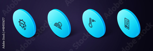 Set Isometric Meteorology thermometer, , Rainbow with sun and UV protection icon. Vector