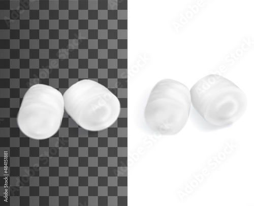 Cotton wool balls or pads. Realistic vector wool disposable pads for liquid absorption, makeup removal and medical purposes. Hygiene woollen buds mockup, sanitary balls or swabs of fluffy fiber