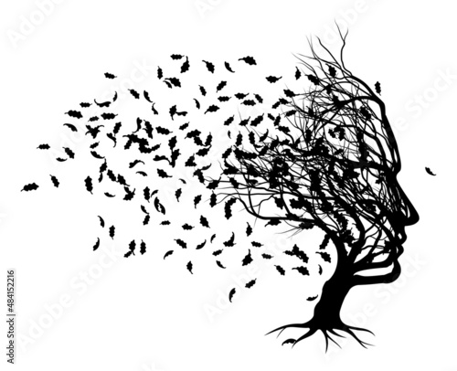 Optical Illusion Tree Face With Leaves Blowing