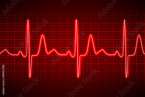 Heart beat ecg or ekg seamless neon line on red background. Electrocardiogram graph of healsh cardio rate. Examination of human health. Medicine test cardiac rhythm and pulsating inteval.