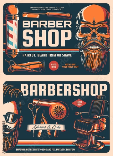 Barbershop retro vector posters, skull with beard and razor blades. Barber shop vintage pole sign and scissors for hipster or gentlemen haircut salon, mustaches trimming and shaves