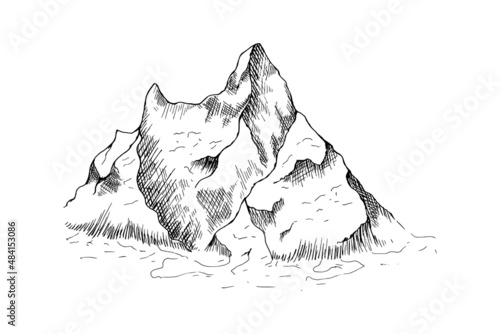 Hand drawn mountain landscape.Peaks  rocks and hills in the snow. Ski resort.