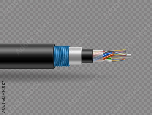 Fiber optic tight cable on transparent vector background, broadband speed internet cable. Optic fiber cable wire in cut with color cords and insulation, optic, internet and coaxial cable photo