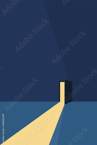 Half open secret door new opportunities concept vector, fear of the unknown, step inside the future.