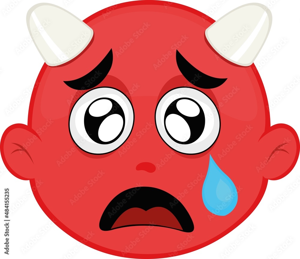 Vector illustration of the face of a cartoon devil with a sad expression and a tear falling from his eye Vector illustration of the face of a cartoon devil with a sad expression and a tear falling from his eye