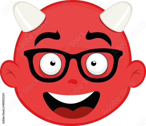 Vector illustration of the face of a cartoon devil with a happy expression and with glasses