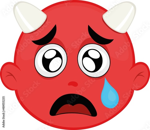 Vector illustration of the face of a cartoon devil with a sad expression and a tear falling from his eye