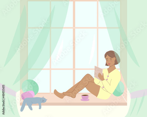 A girl at home with a tablet. Vector illustration.