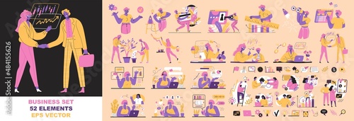 Big collection Business Concept illustrations. Women and men are taking part in business activities. Realization startup, working with information, data protection. Flat style in vector illustration.