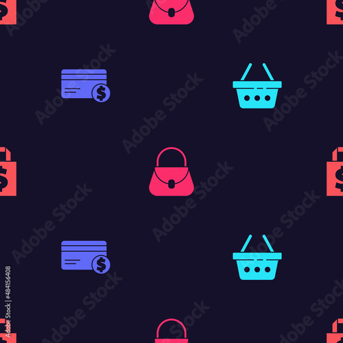 Set Shopping basket, Credit card and dollar, Handbag and Shoping on seamless pattern. Vector