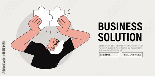 Businessman assembling together jigsaw puzzle pieces. Concept of brainstorming, project planning and business process. Work organisation management banner, web landing page. Business solution.