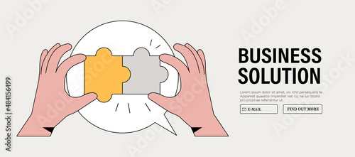 Hands assembling together jigsaw puzzle pieces. Business and corporate communication between coworkers, manager and team. Work organisation management banner, web landing page. Business solution.