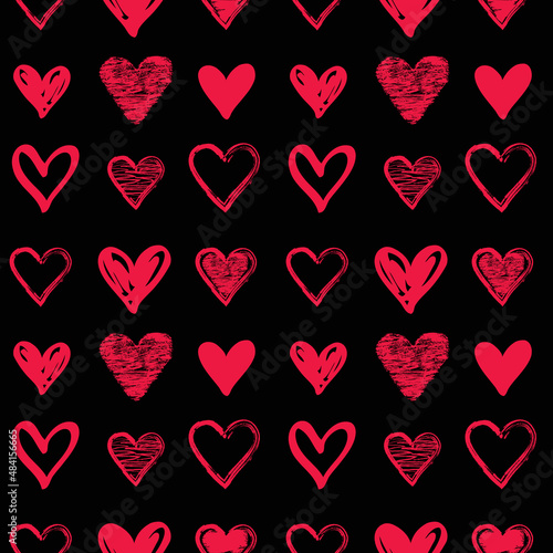 Simple doodle and grunge hearts seamless pattern. Valentines day background. Flat design chaotic texture made of tiny heart silhouettes. Shades of red. Love signs on black background