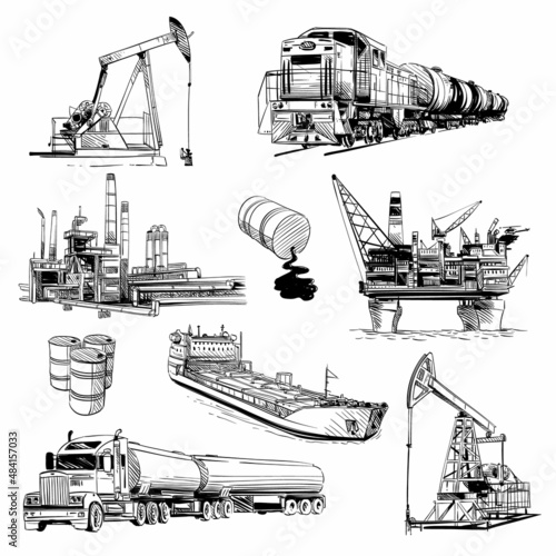 Production and transportation of petroleum products. Hand drawn vector illustration